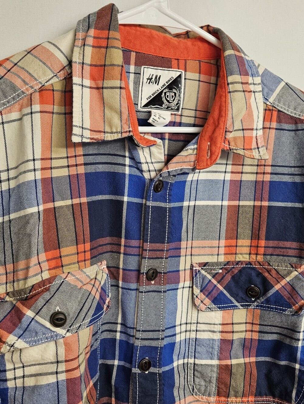 H&M For Brick Lane Bikes Shirt Men X-Large Orange Plaid Knit Flannel Long Sleeve